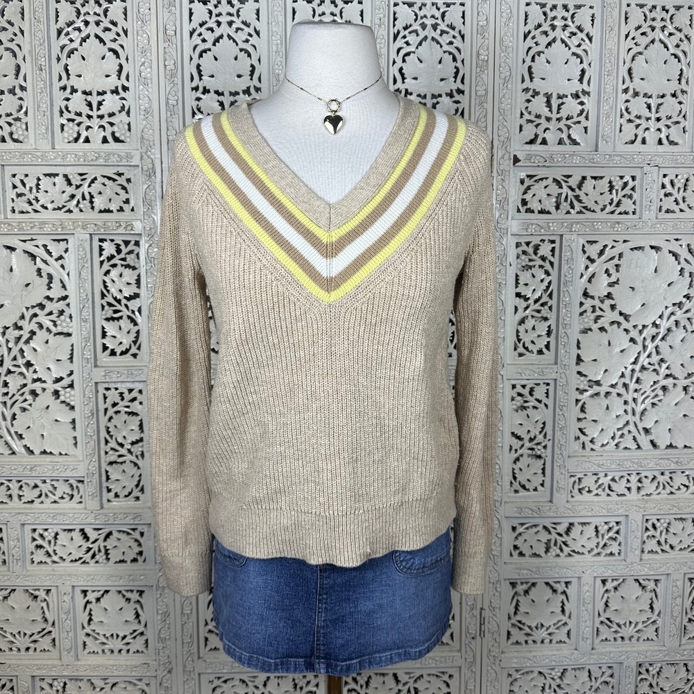 Talbots Tan Yellow Striped V Neck Preppy Tennis Long Sleeve‎ Sweater Sz Small